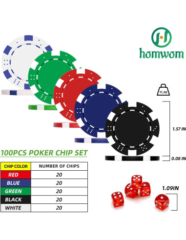 Juego de Fichas de Póker 100PCS Homwom en Caja de Cartón