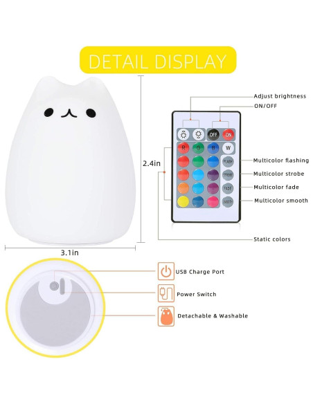 Luz Nocturna Gato ZKLiLi USB Recargable 7 Colores Luz Nocturna Gato ZKLiLi USB Recargable 7 Colores