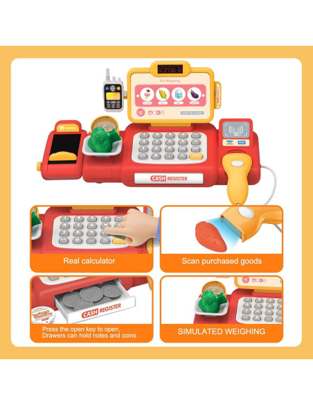 Carrito de Compras Yalujumb con Registradora y Comida 80 PCS Carrito de Compras Yalujumb con Registradora y Comida 80 PCS