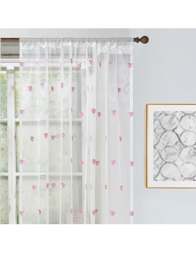Cortina Transparente WINYY con Bordado de Corazón Rosa 99x180cm