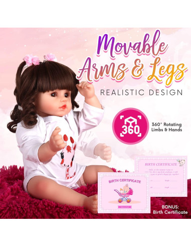 Muñeca Reborn DOLLHOOD 45.72 cm con Accesorios y Certificado