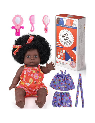 Muñeca Bebé Negra GAGAKU 30 cm con Ropa y Accesorios