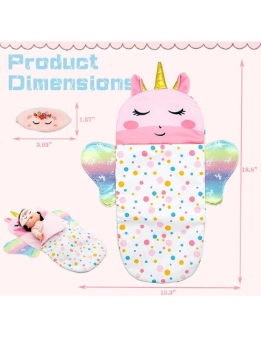 Juego de bolsa de dormir unicornio Baby Doll 30 cm con máscara