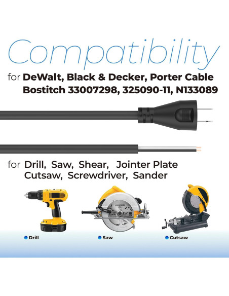 Cable de Poder 2 Hilos 18 AWG ANTOBLE 2.44m Compatible DeWalt Cable de Poder 2 Hilos 18 AWG ANTOBLE 2.44m Compatible DeWalt