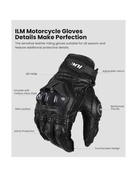 Guantes de motocicleta ILM GRC01 de cuero, talla M, Negro Guantes de motocicleta ILM GRC01 de cuero, talla M, Negro