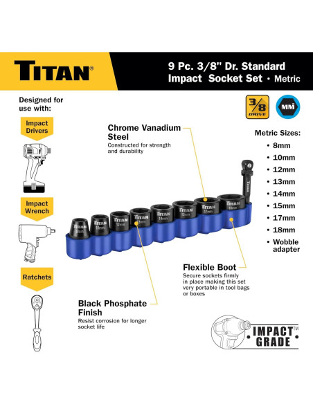 Juego de 9 Piezas de Accesorios de Impacto Titan 48201 8-18mm Juego de 9 Piezas de Accesorios de Impacto Titan 48201 8-18mm