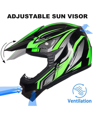 Casco de Motocross ILM para Niños Verde/Plata con Gafas y Guantes