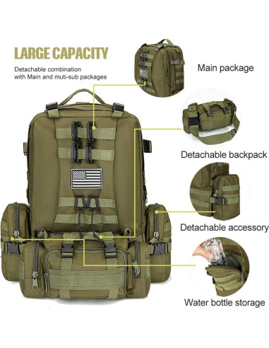 Mochila táctica militar 60L verde Molle para hombres y mujeres