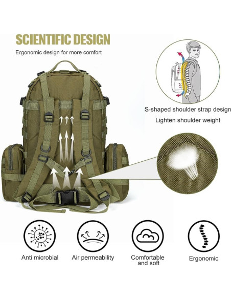 Mochila táctica militar 60L verde Molle para hombres y mujeres Mochila táctica militar 60L verde Molle para hombres y mujeres