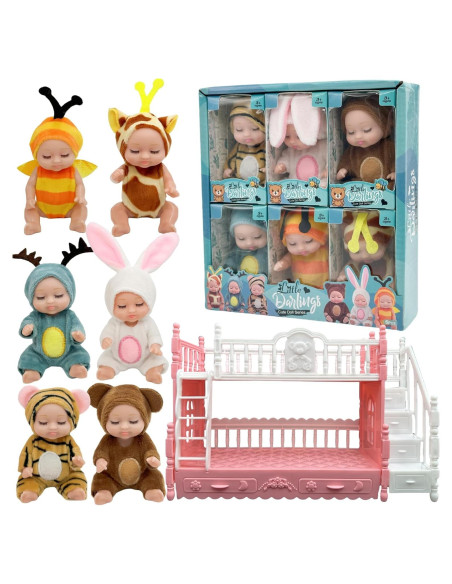 6 Mini Muñecas Bebé Adorables con Trajes de Animales y Cama 6 Mini Muñecas Bebé Adorables con Trajes de Animales y Cama