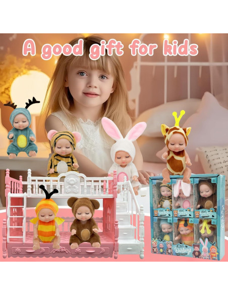 6 Mini Muñecas Bebé Adorables con Trajes de Animales y Cama 6 Mini Muñecas Bebé Adorables con Trajes de Animales y Cama