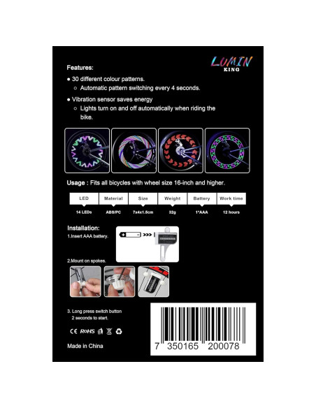 Luz LED para Radios de Bicicleta LuminKing A02-S - 30 Patrones Luz LED para Radios de Bicicleta LuminKing A02-S - 30 Patrones