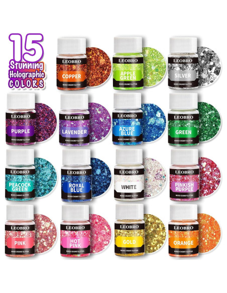 Purpurina Holográfica Gruesa LEOBRO 15 Colores 150g para Manualidades Purpurina Holográfica Gruesa LEOBRO 15 Colores 150g para Manualidades
