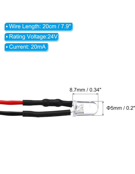 Diodos LED 5mm PATIKIL 24 Pcs 24V Luz Blanca Pre Cableados Diodos LED 5mm PATIKIL 24 Pcs 24V Luz Blanca Pre Cableados