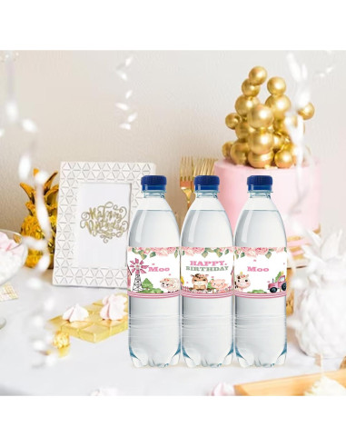 Etiquetas de Botellas de Agua Rosa 32 Piezas Cumpleaños Vaca