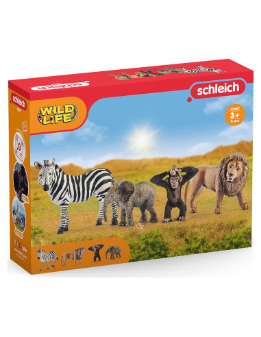Set de 4 Figuras de Animales de Safari Schleich - Pantera, Mono, Jirafa, Hipopótamo