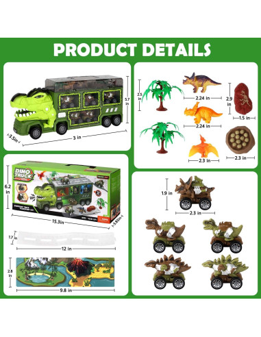 Camión de Juguete Hatisan T-rex con 8 Dinosaurios y Rampa