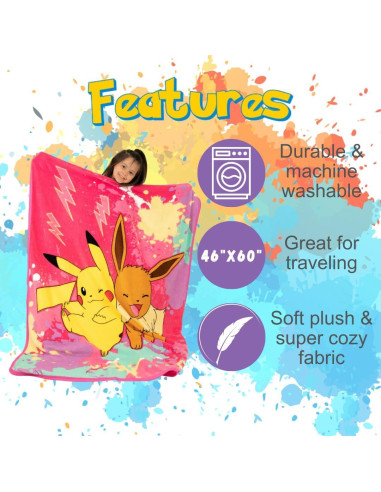 Manta Franco Pokémon Pikachu y Eevee 116x152 cm Suave