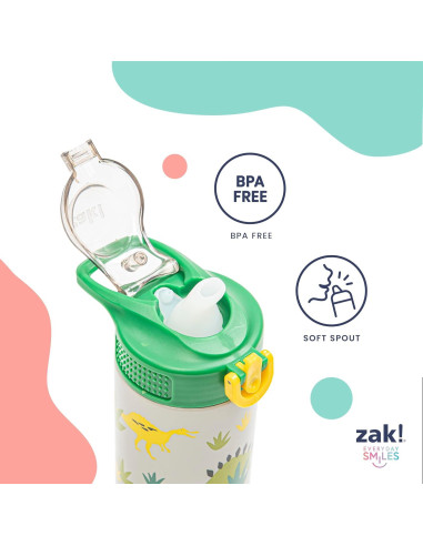 Botella de Agua Infantil Zak Designs 414ml con Pajilla Dino