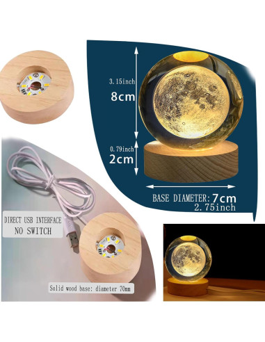 Lámpara de Esfera de Cristal KAZETEC 3D Luna 80 mm Luz Cálida