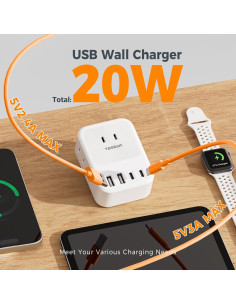 Cargador de Pared USB C TESSAN 7 en 1 con 3 Salidas AC y 4 USB 2