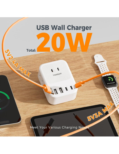 Cargador de Pared USB C TESSAN 7 en 1 con 3 Salidas AC y 4 USB