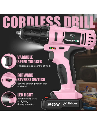 Taladro Inalámbrico Rosa Tegatok 20V con Luz LED y Batería