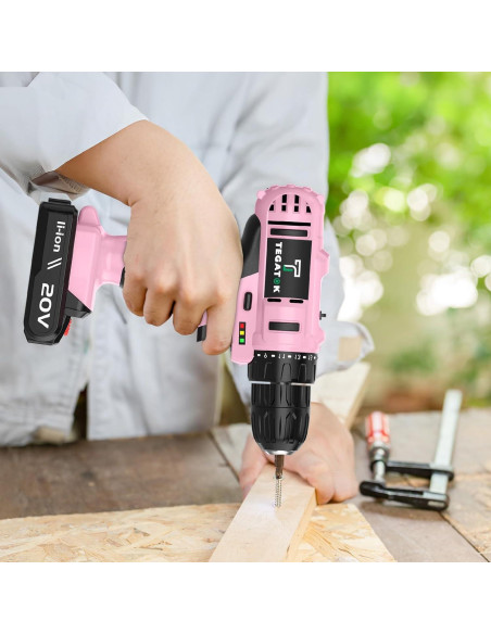 Taladro Inalámbrico Rosa Tegatok 20V con Luz LED y Batería Taladro Inalámbrico Rosa Tegatok 20V con Luz LED y Batería