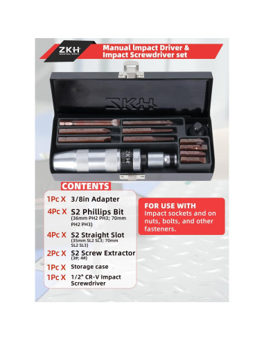 Destornillador de Impacto Manual ZKH 1/2" y 3/8" con 10 Puntas