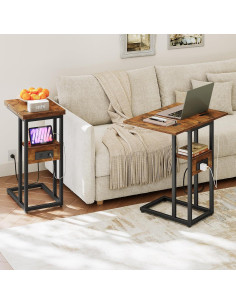 Mesa lateral plegable HOOBRO C con carga USB marrón negro 2