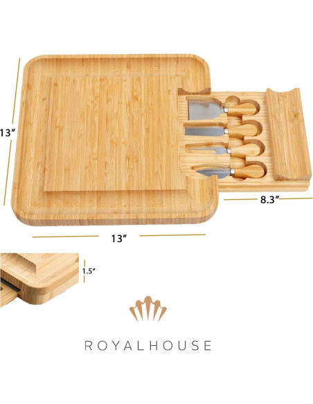 Tablero de Queso RoyalHouse de Bambú con Cuchillos 34x33 cm Tablero de Queso RoyalHouse de Bambú con Cuchillos 34x33 cm