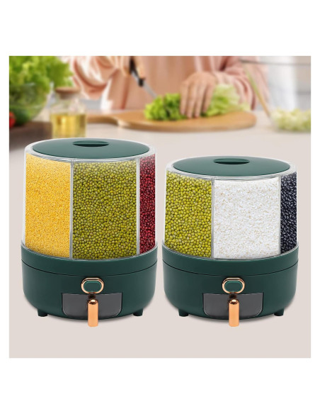 Dispensador de Arroz 6 Compartimentos 14L Verde Rotativo Dispensador de Arroz 6 Compartimentos 14L Verde Rotativo