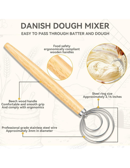 Batidor de Masa Danés Qbily - Juego 3 Piezas para Pan Batidor de Masa Danés Qbily - Juego 3 Piezas para Pan