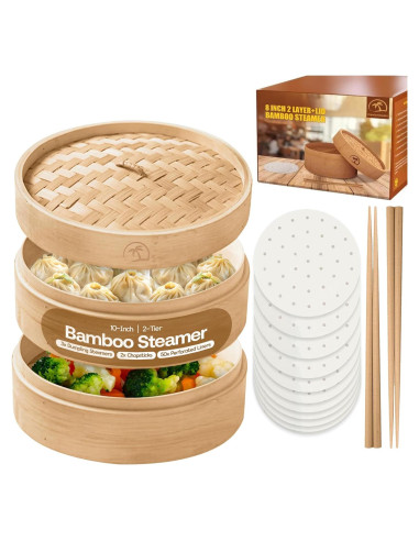 Cesta de vapor de bambú 2 niveles 25,4 cm con tapa y accesorios