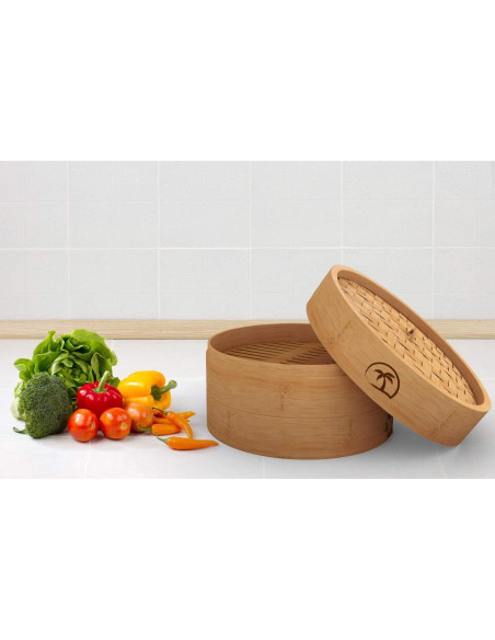 Cesta de vapor de bambú 2 niveles 25,4 cm con tapa y accesorios Cesta de vapor de bambú 2 niveles 25,4 cm con tapa y accesorios