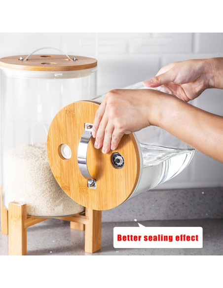 Dispensador de Arroz de Vidrio 5L con Soporte de Bambú Dispensador de Arroz de Vidrio 5L con Soporte de Bambú