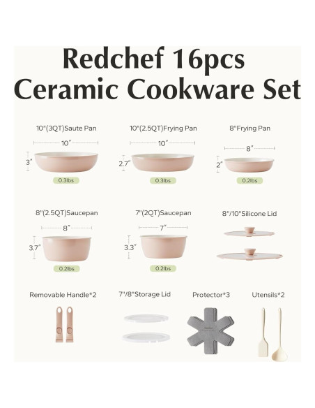 Juego de Sartenes y Ollas Redchef 16 Piezas Cerámica Rosa Juego de Sartenes y Ollas Redchef 16 Piezas Cerámica Rosa