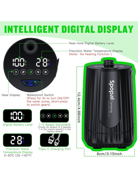 Ducha Portátil Spopal 10000mAh 5 Velocidades IPX8 Camping Ducha Portátil Spopal 10000mAh 5 Velocidades IPX8 Camping