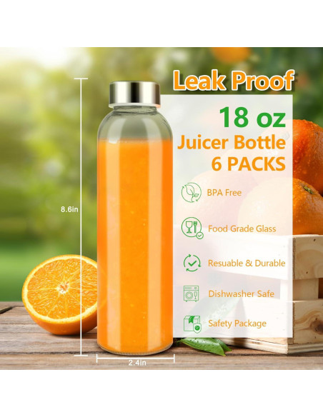 Set de 6 Botellas de Jugo de Vidrio Zukro 18 oz a Prueba de Fugas Set de 6 Botellas de Jugo de Vidrio Zukro 18 oz a Prueba de Fugas