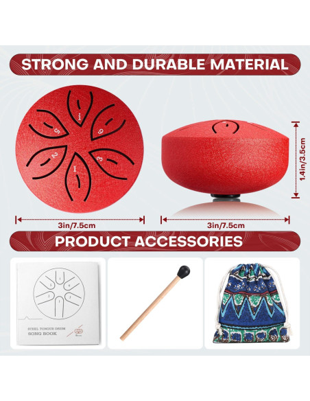 Mini Tambor de Lengua de Acero Facmogu 3" 6 Notas Rojo Mini Tambor de Lengua de Acero Facmogu 3" 6 Notas Rojo