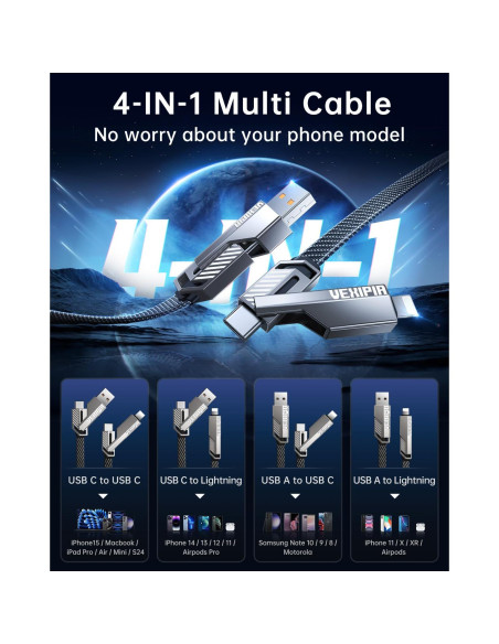 Cable USB C 4-en-1 Vexipia 60W 1.5m Carga Rápida Cable USB C 4-en-1 Vexipia 60W 1.5m Carga Rápida