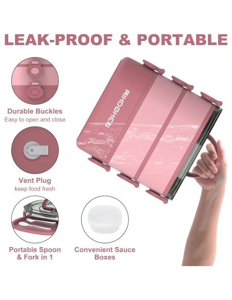 Caja de Almuerzo RIKDOKEN 3 Capas Rosa 2800ml A Prueba de Fugas Caja de Almuerzo RIKDOKEN 3 Capas Rosa 2800ml A Prueba de Fugas