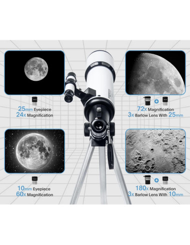 Telescopio Refractor HEXEUM 80mm 600mm Portátil con Adaptador