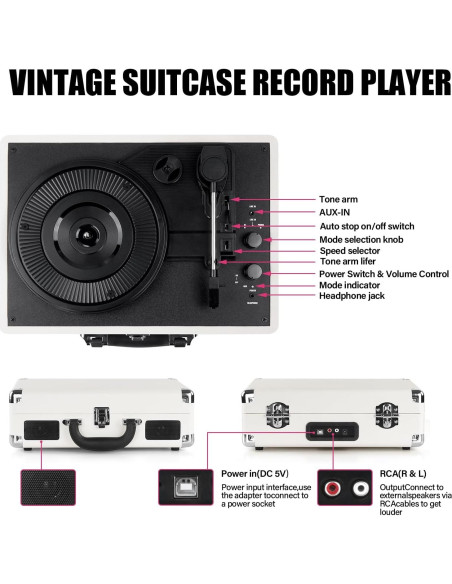 Reproductor de Vinilo Bluetooth Mersoco Maletín Vintage Blanco Reproductor de Vinilo Bluetooth Mersoco Maletín Vintage Blanco