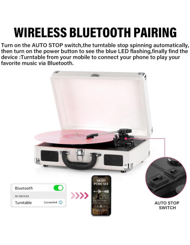 Reproductor de Vinilo Bluetooth Mersoco Maletín Vintage Blanco