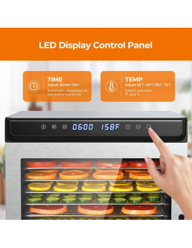 Deshidratadora de Alimentos YASHE FD1001, 10 Bandejas Acero Inoxidable, 1100W
