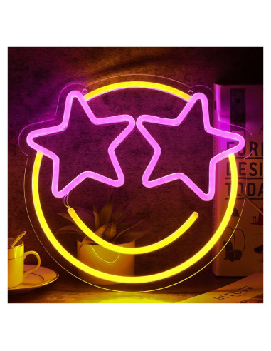 Cartel Neón LED Cara Sonriente Wootfairy 31x29 cm Rosa