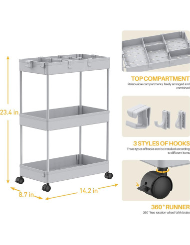 Carro Rodante 3 Niveles SPACELEAD Gris Almacenamiento