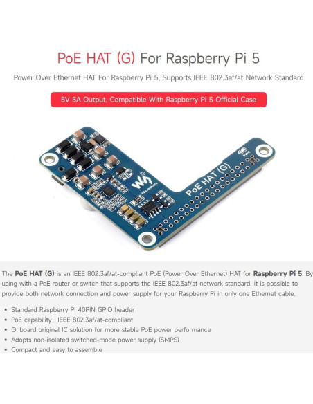 Waveshare PoE HAT G para Raspberry Pi 5, 5V 5A, 802.3af/at Waveshare PoE HAT G para Raspberry Pi 5, 5V 5A, 802.3af/at