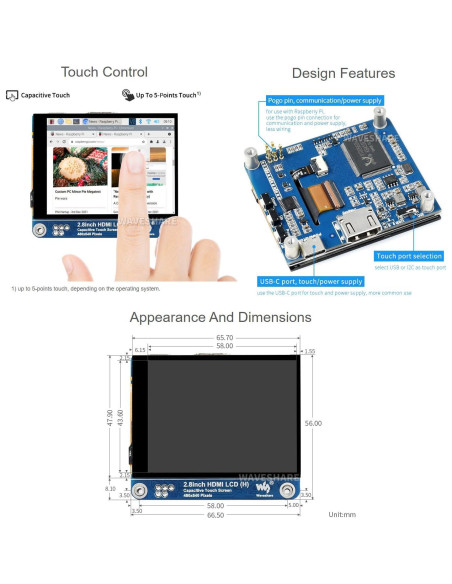 Pantalla LCD IPS 2.8" Waveshare HDMI 480x640 para Raspberry Pi Pantalla LCD IPS 2.8" Waveshare HDMI 480x640 para Raspberry Pi